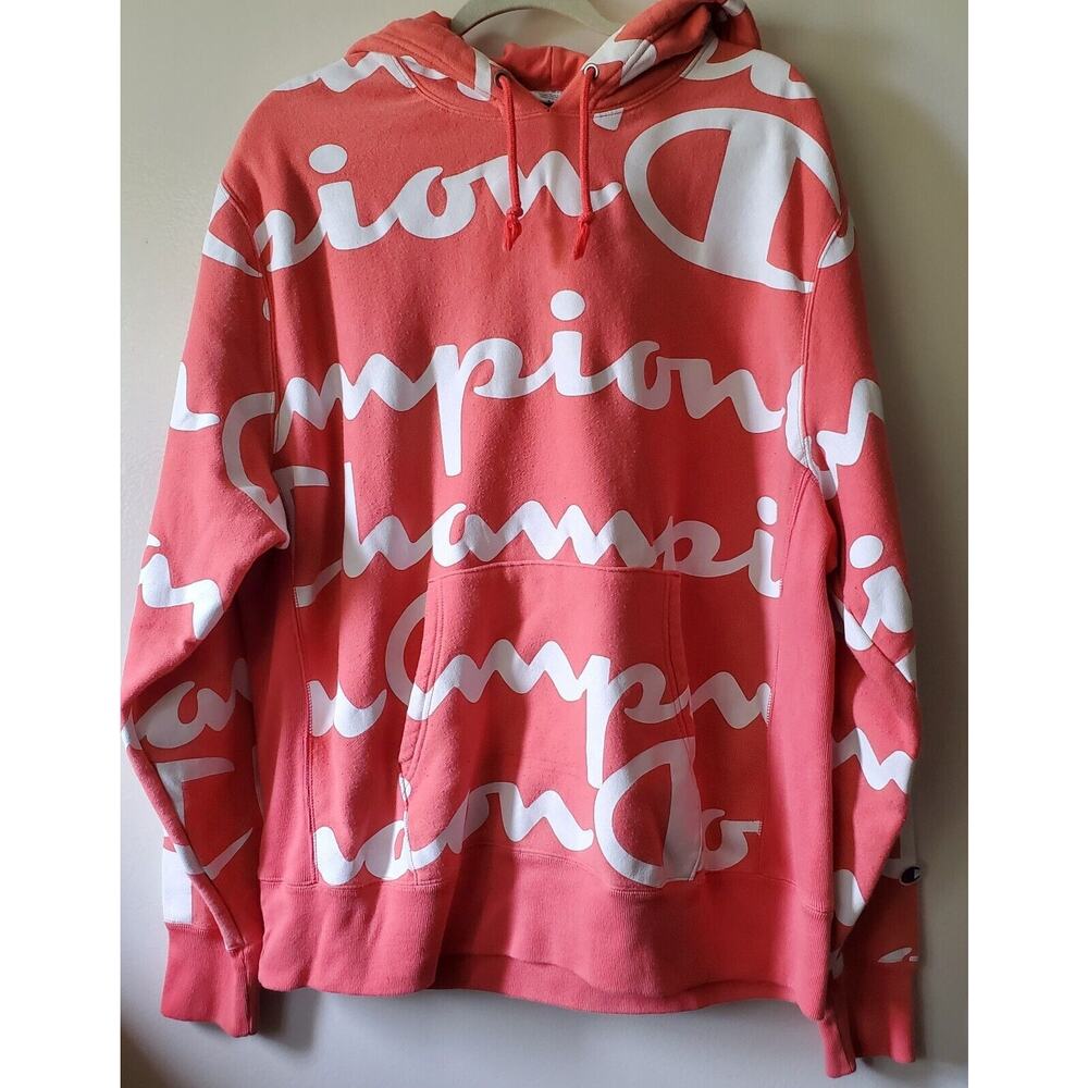 Vintage Champion Reverse Weave Hoodie Pullover XL Orange White Graphic Logo